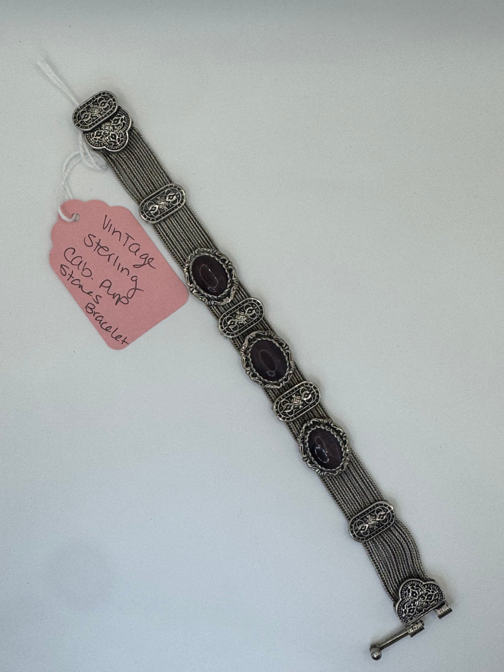 Vintage Sterling Silver Purple Cat’s Eye Cabochon Bracelet