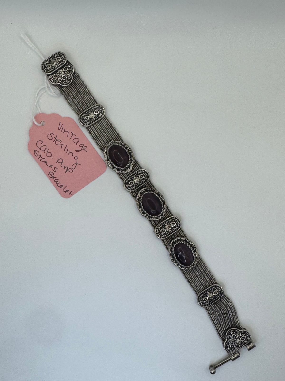 Vintage Sterling Silver Purple Cat’s Eye Cabochon Bracelet