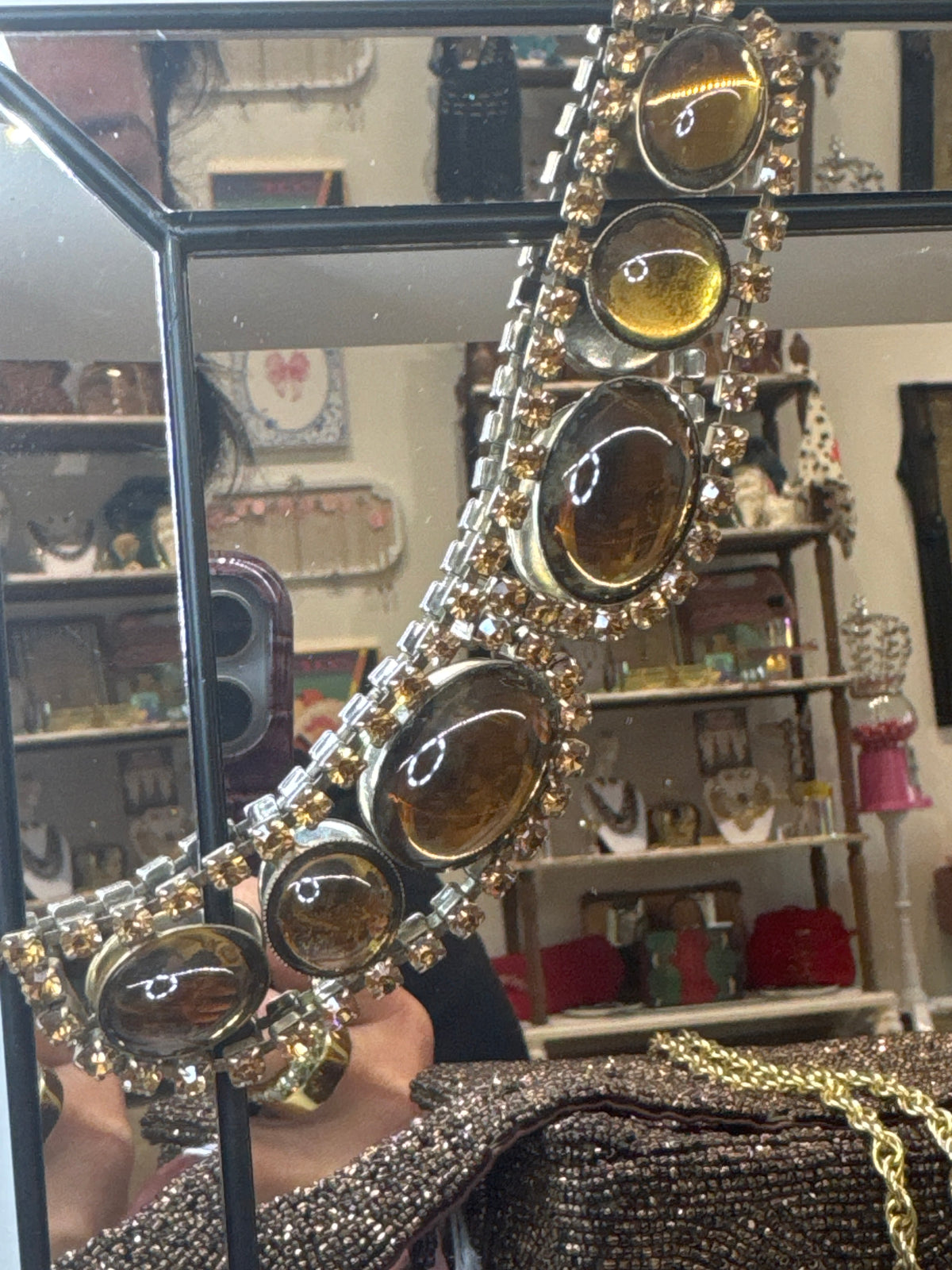 Amber Glass & Rhinestone Bibb - Vintage