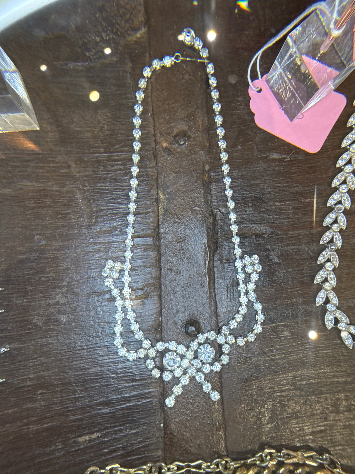 Silver-Tone Rhinestone Bow Necklace - Vintage