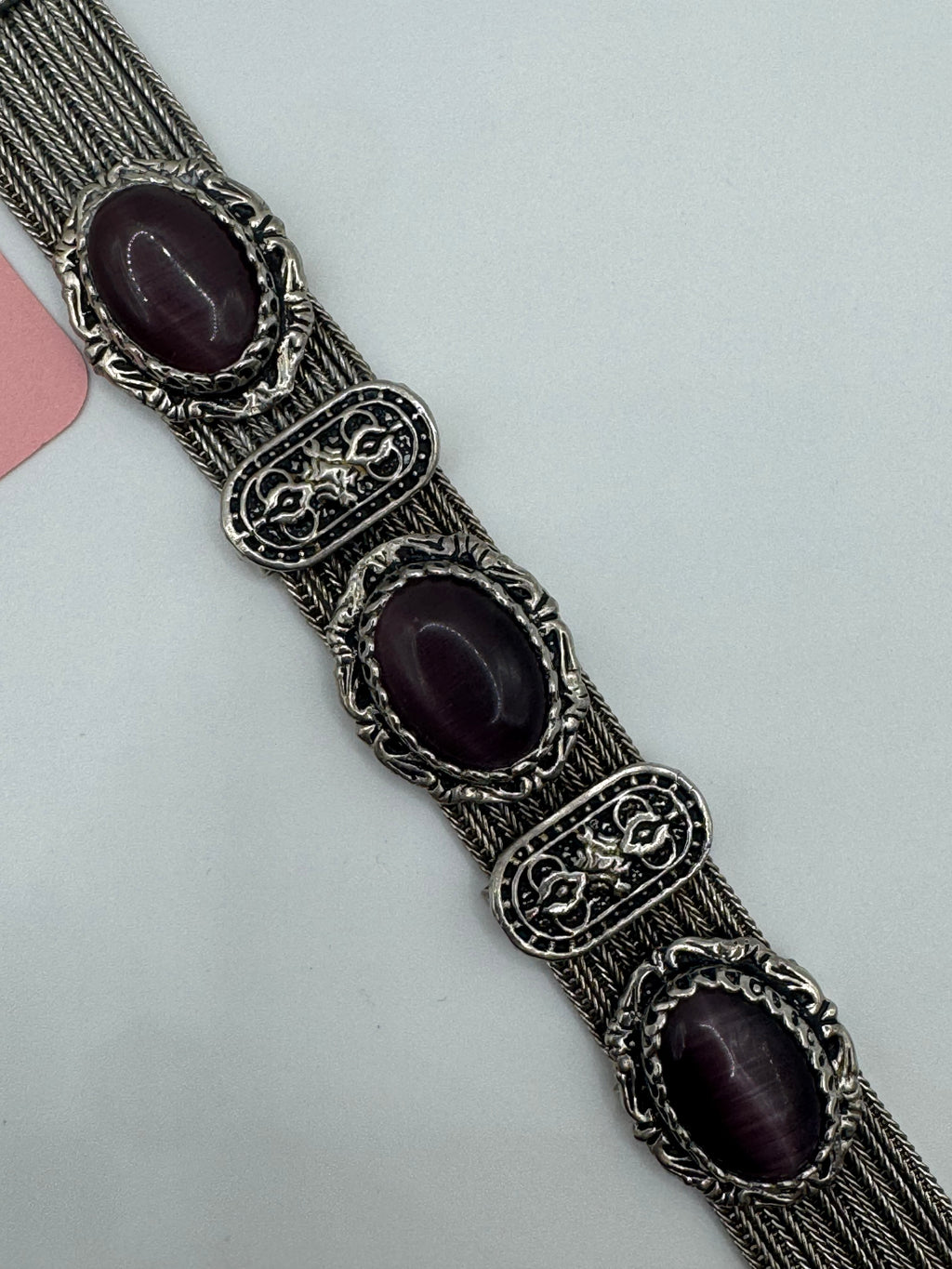 Vintage Sterling Silver Purple Cat’s Eye Cabochon Bracelet