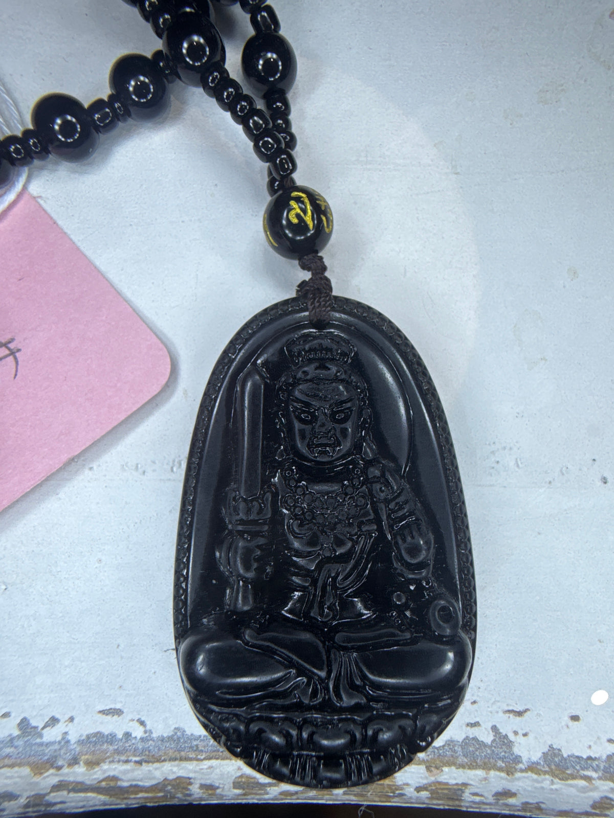 Black Agate Carved Warrior Pendant Necklace - Vintage