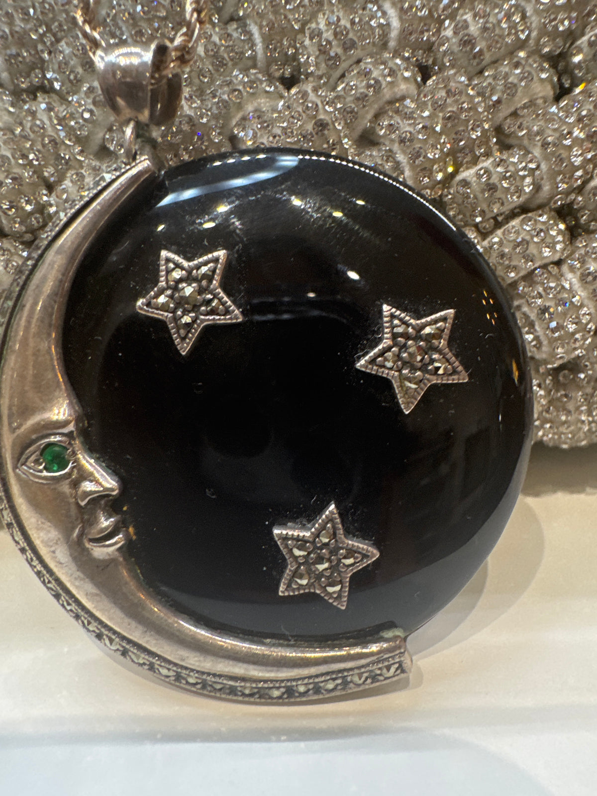Sterling Silver, Onyx & u Moon Necklace - Vintage