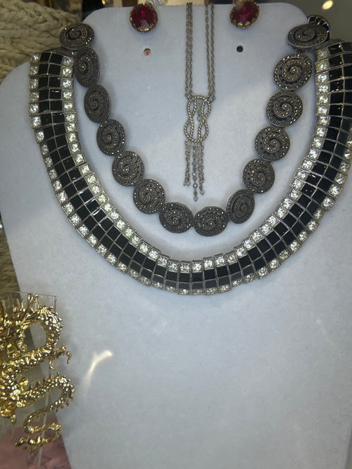 1980s Les Bernard CZ & Enamel Bib Collar Necklace