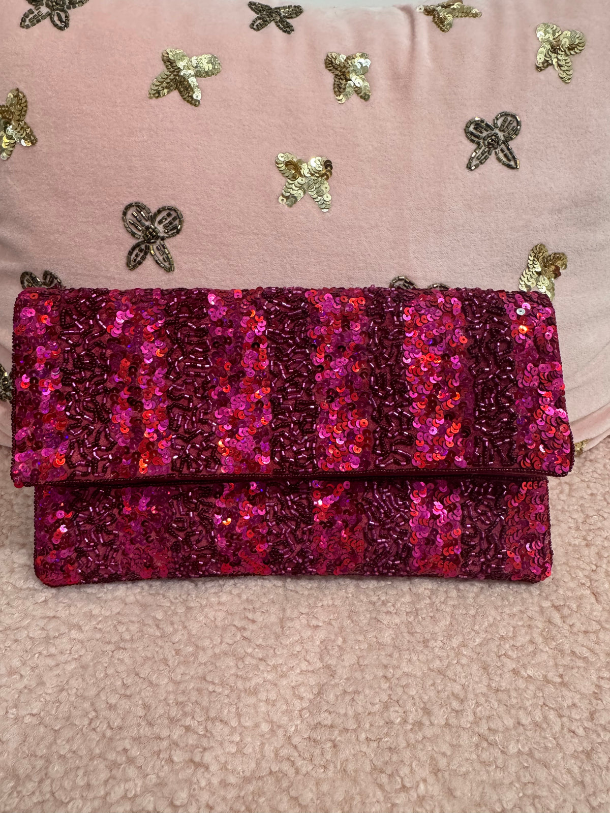 Fuchsia Sequin Foldover Clutch