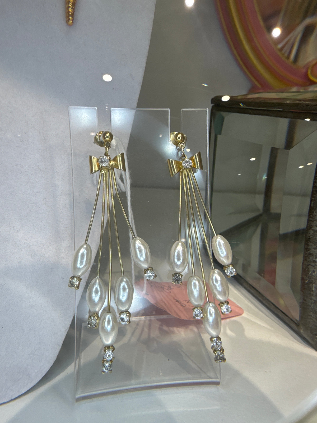 Gold-Tone & Faux Pearl Bow Earrings - Vintage