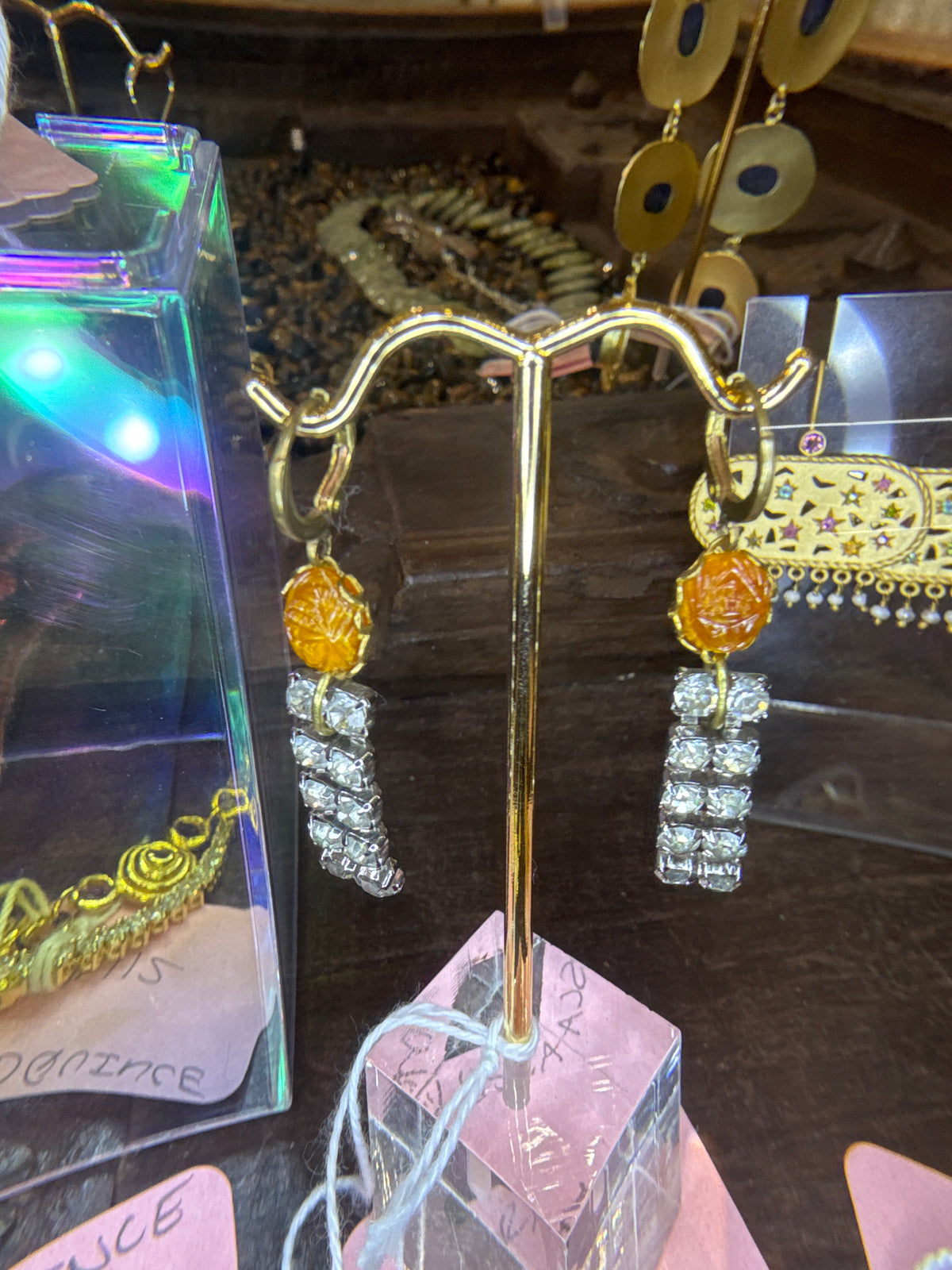 Amber Scarab & Rhinestone Drop Earrings - Vintage Reworked
