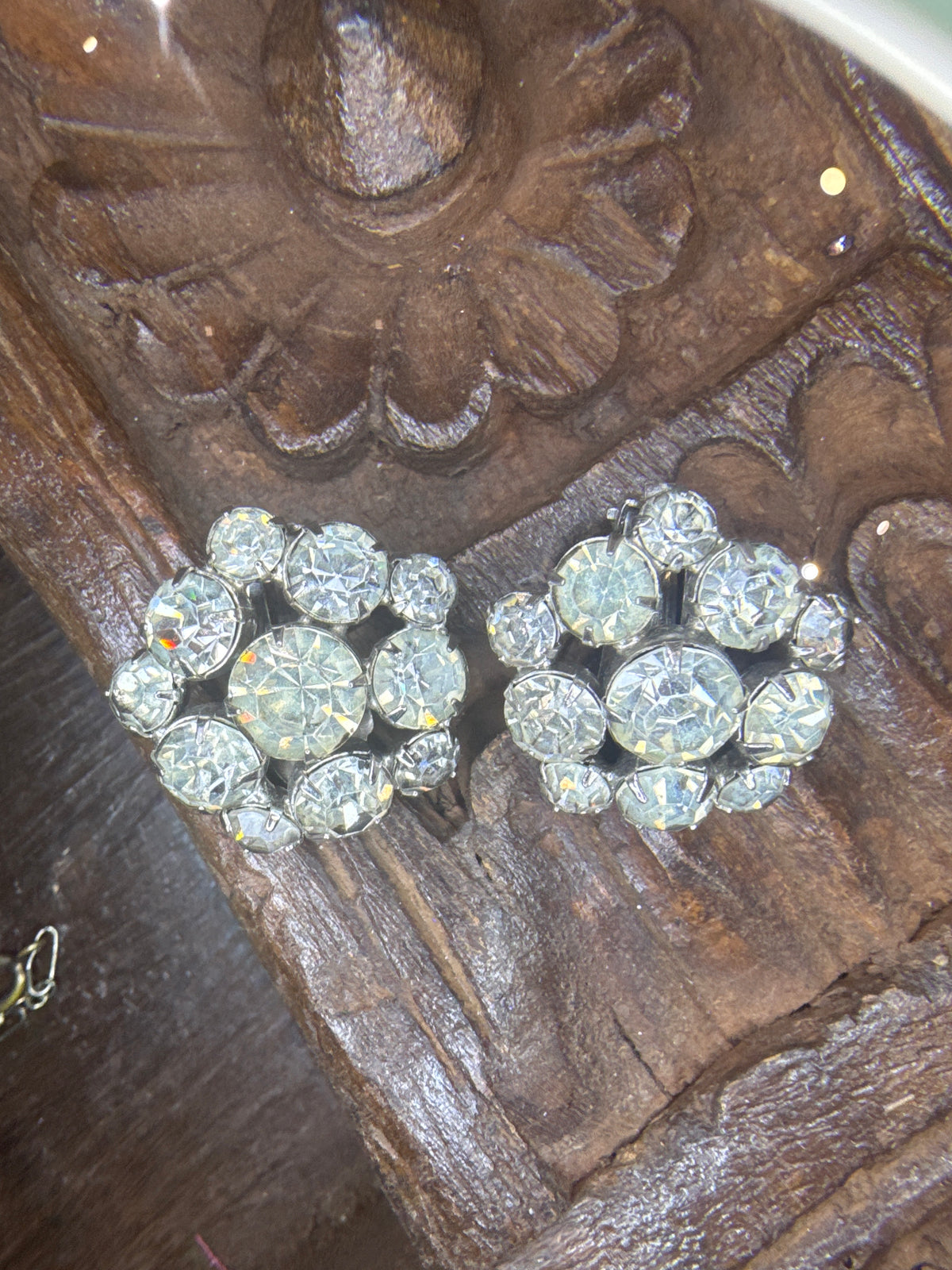 Rhinestone Cluster Clip Earrings - Vintage