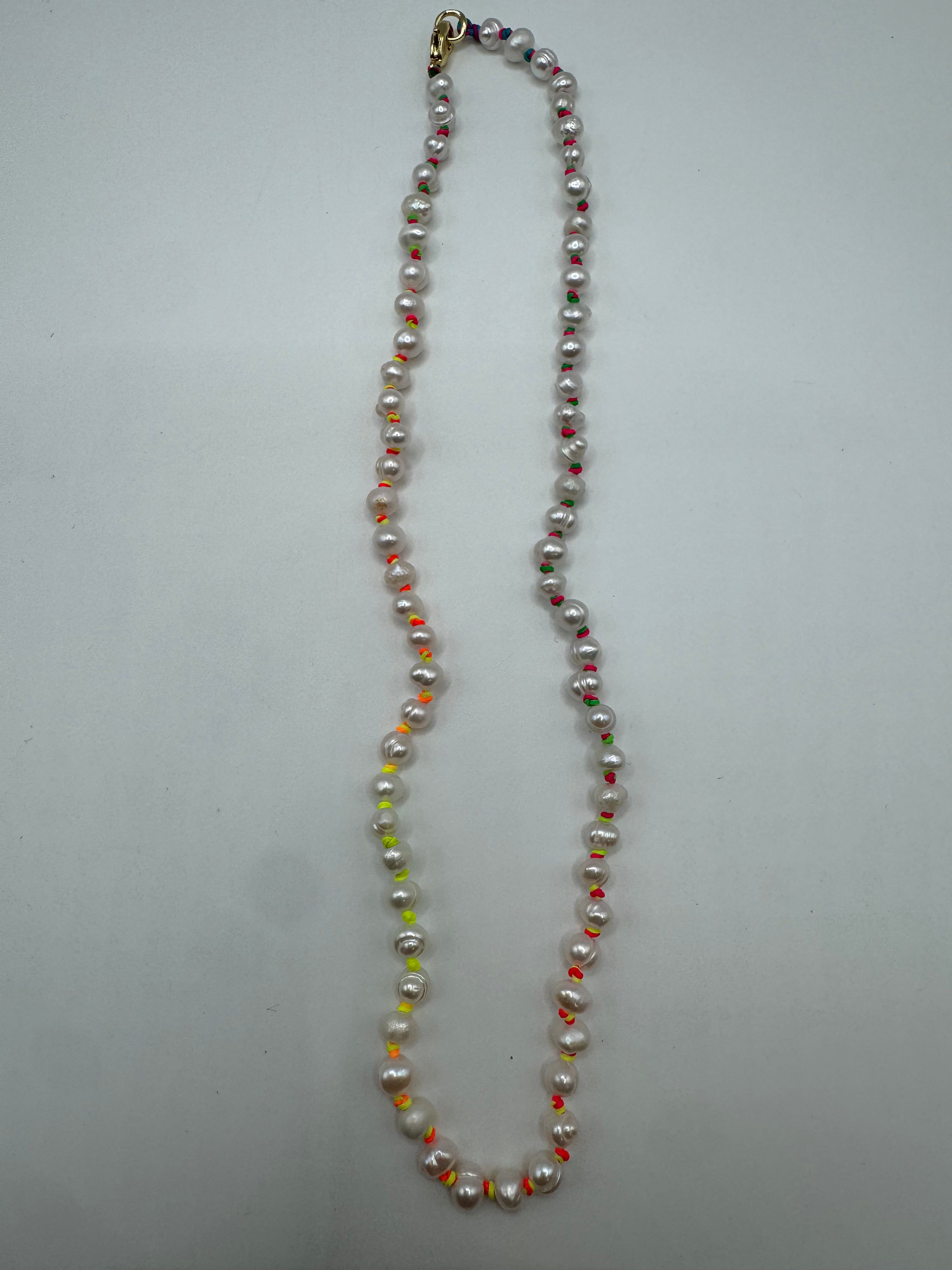 Neon Knotted Pearl Necklace