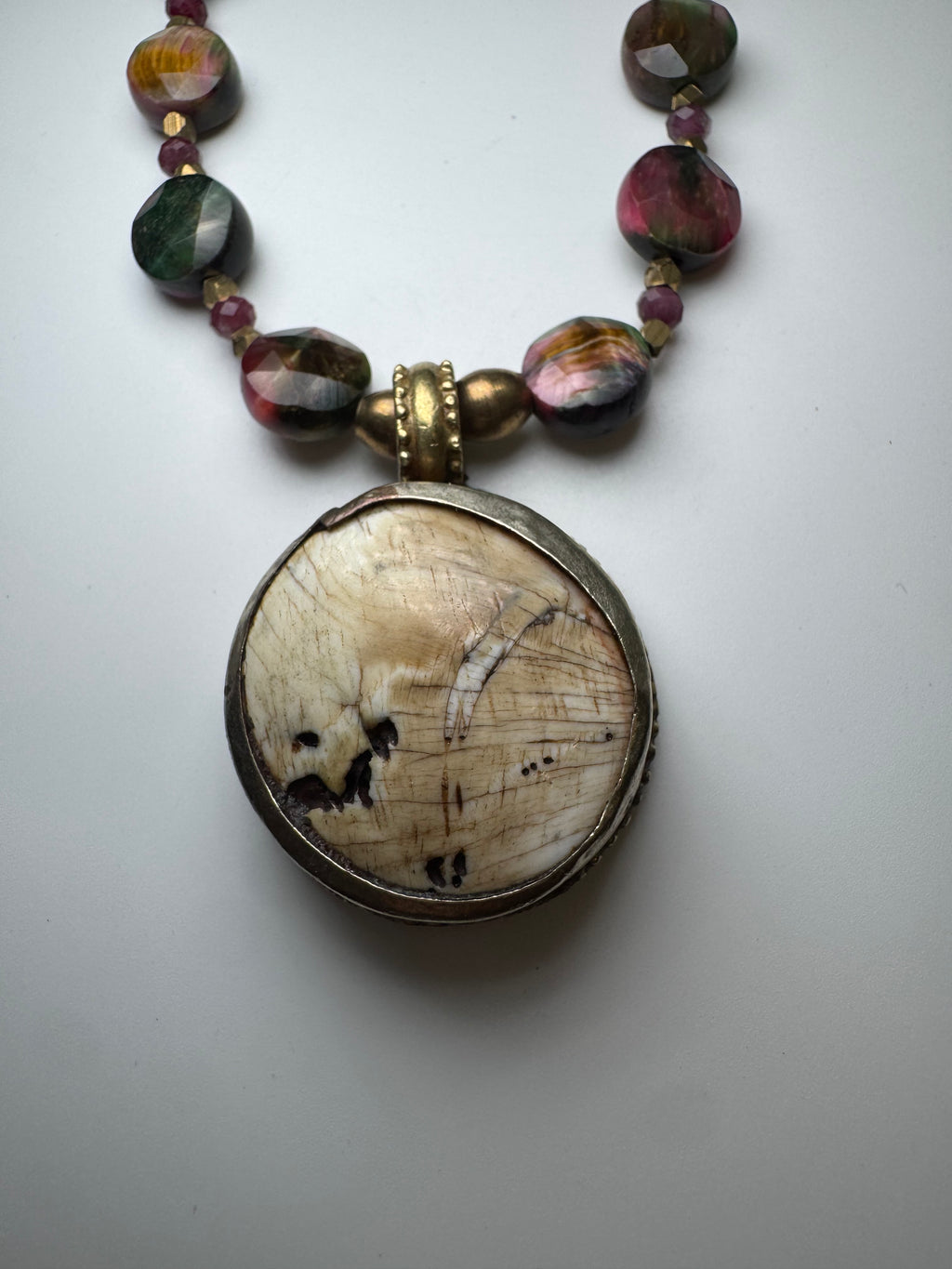 African Bone & Rainbow Fluorite Pendant Necklace