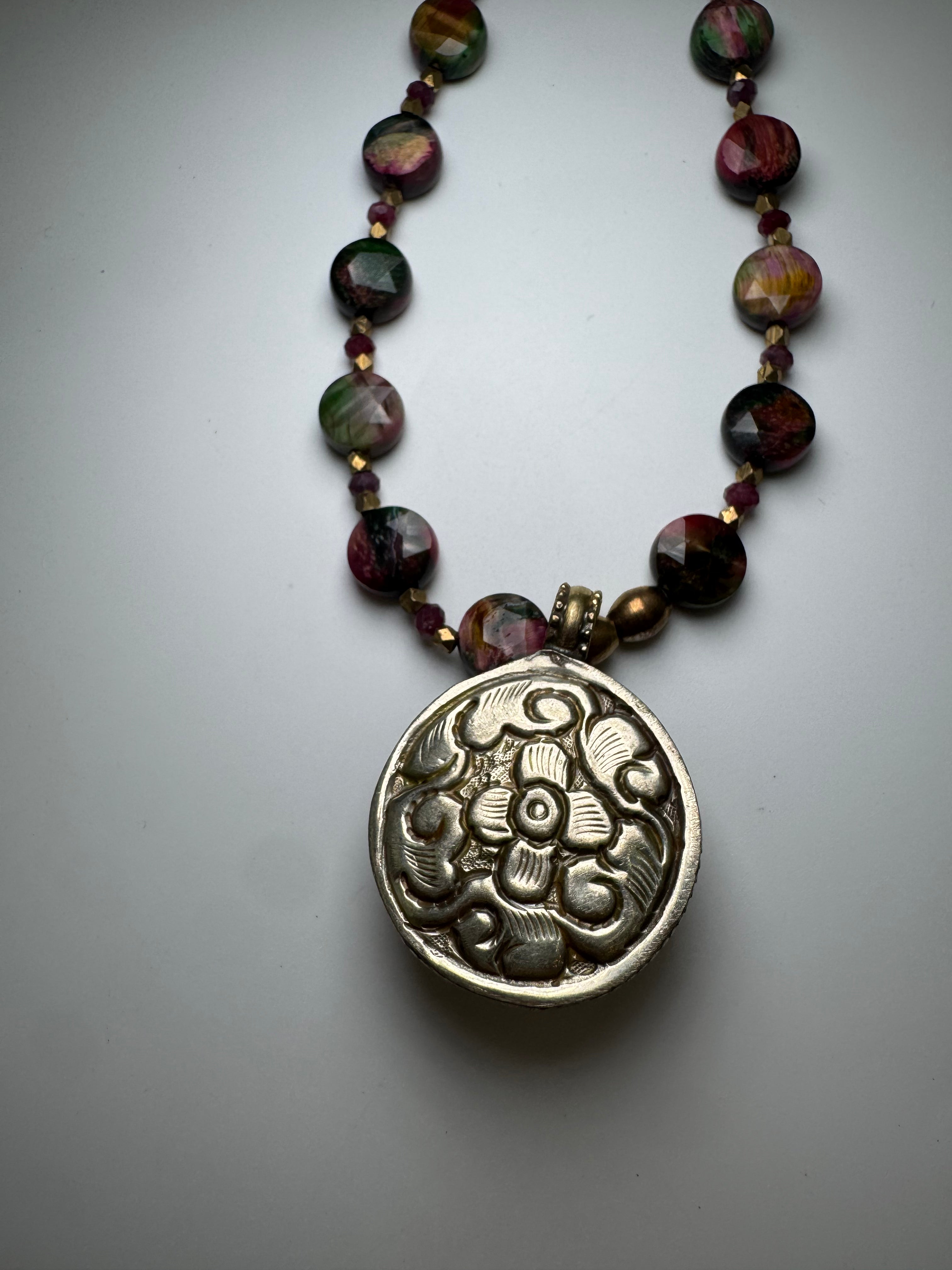 African Bone & Rainbow Fluorite Pendant Necklace