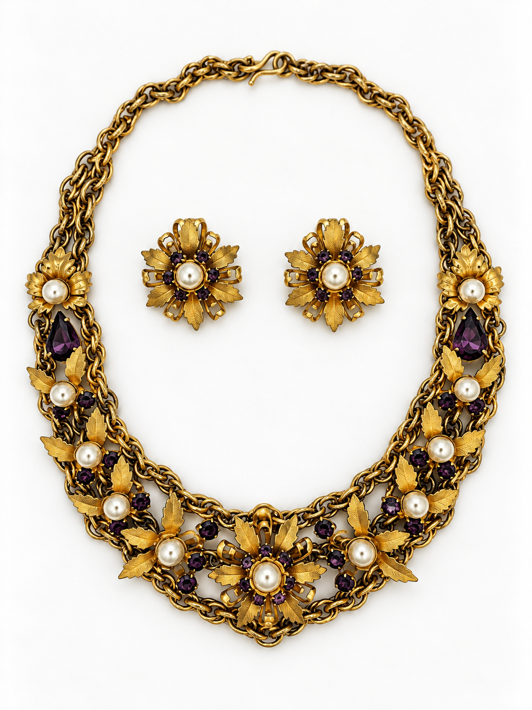Crown Trifari Floral Necklace & Earrings Set - Vintage