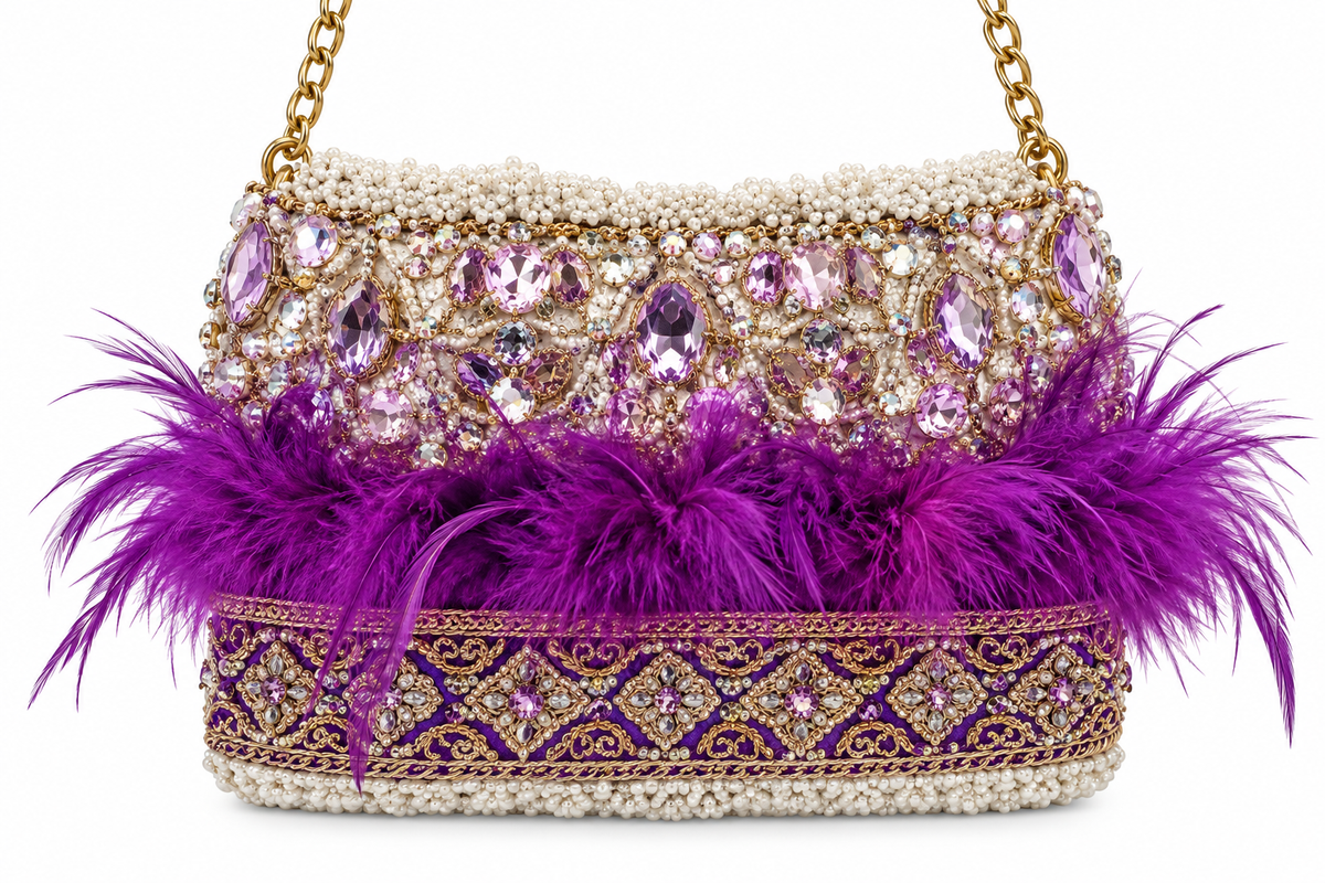 Handmade Greek Purple Feather & Crystal Bag