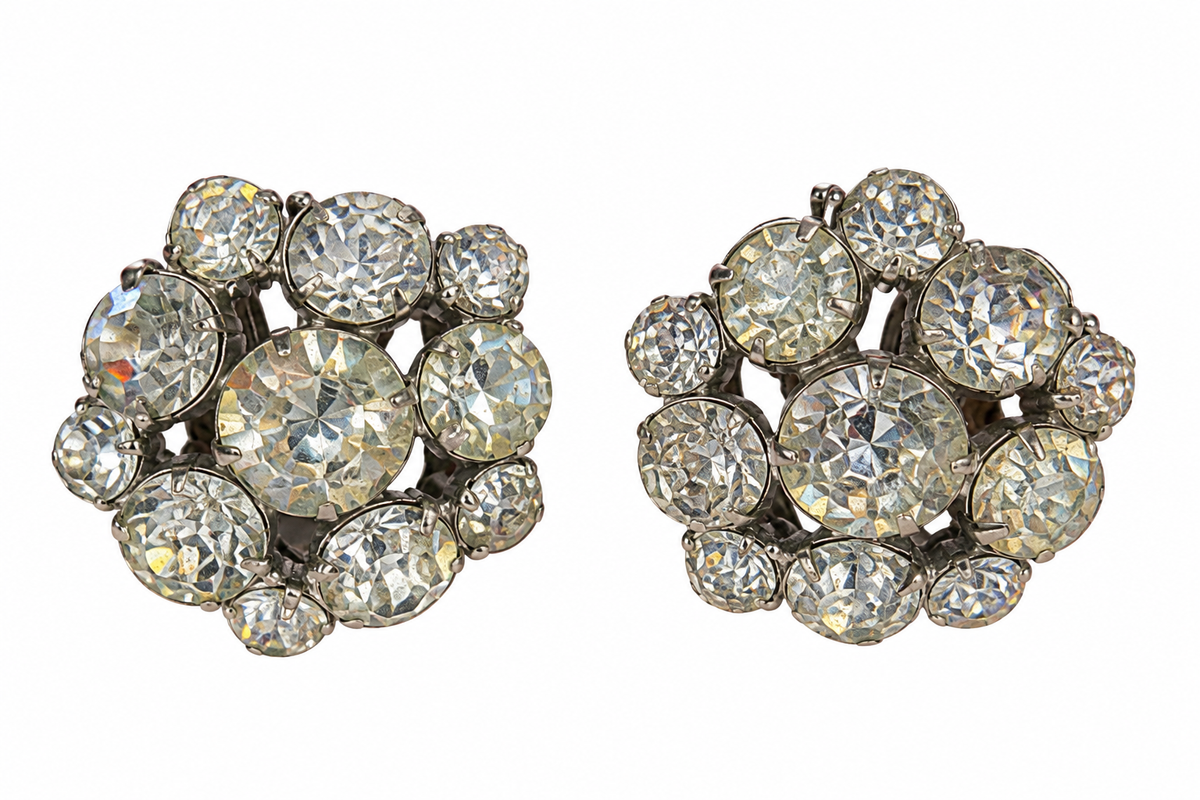Rhinestone Cluster Clip Earrings - Vintage