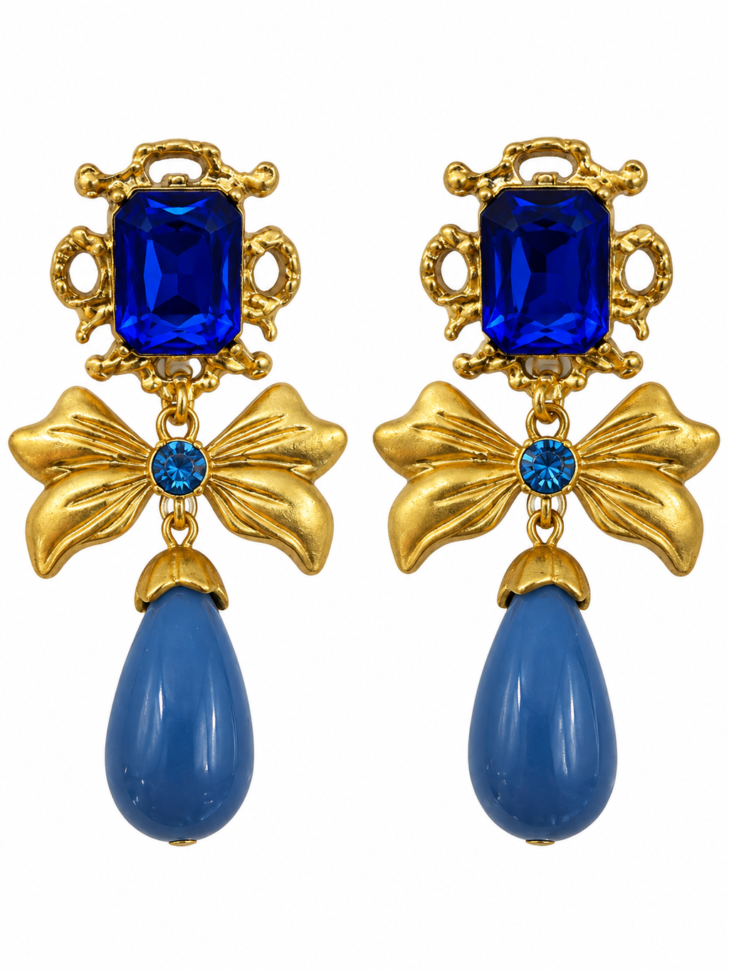 Gold & Blue Bow Drop Earrings