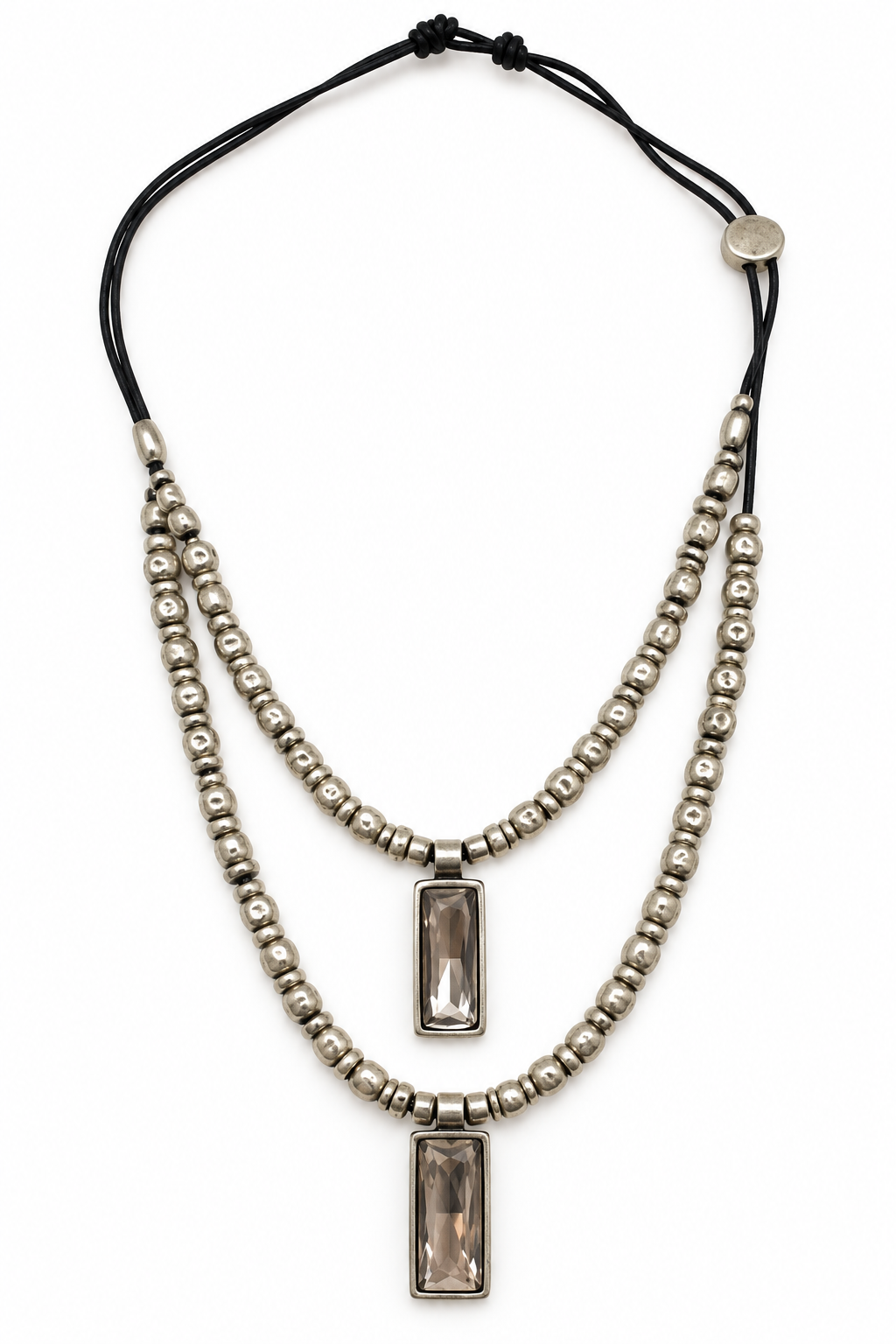 Extendable Pewter & Silver Rhinestone Cord Necklace