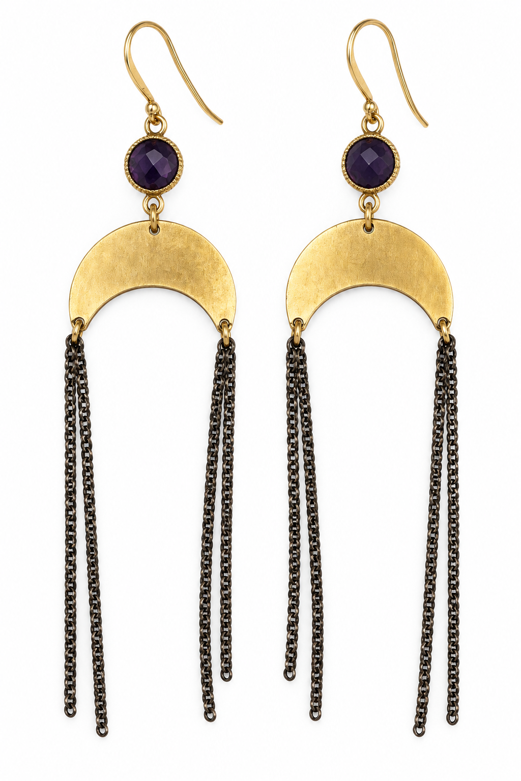 Gold-Plated Brass Amethyst Half-Moon Fringe Earrings