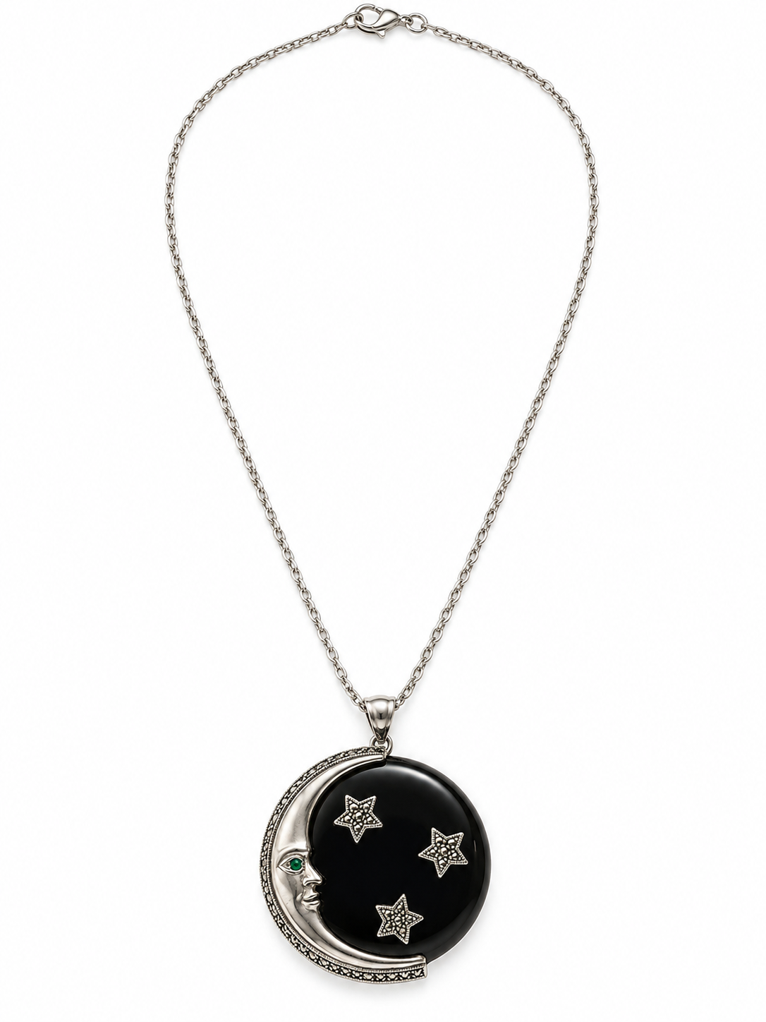 Sterling Silver, Onyx & u Moon Necklace - Vintage