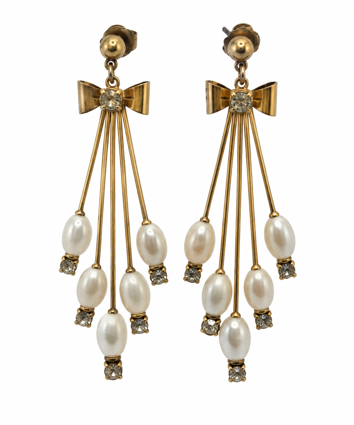 Gold-Tone & Faux Pearl Bow Earrings - Vintage