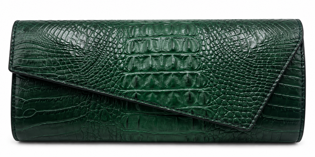 Forest Green Croc-Embossed Envelope Clutch