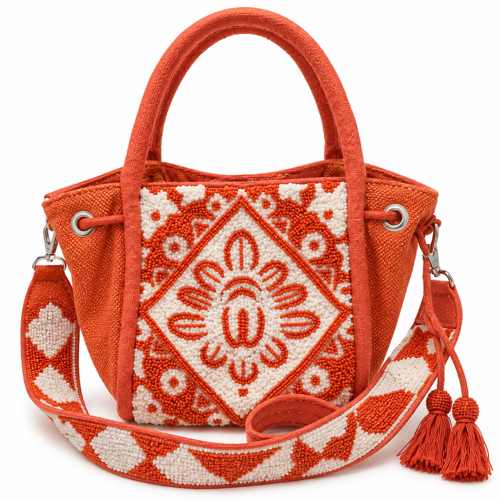 Orange & White Beaded Embroidered Tote Bag