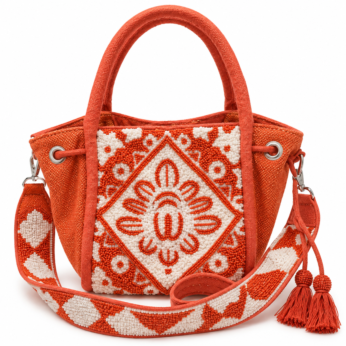 Orange & White Beaded Embroidered Tote Bag