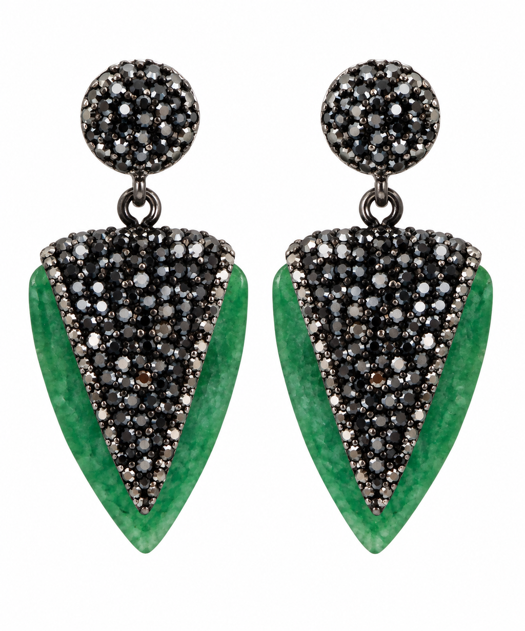 Green Stone & Black Pavé Rhinestone Drop Earrings