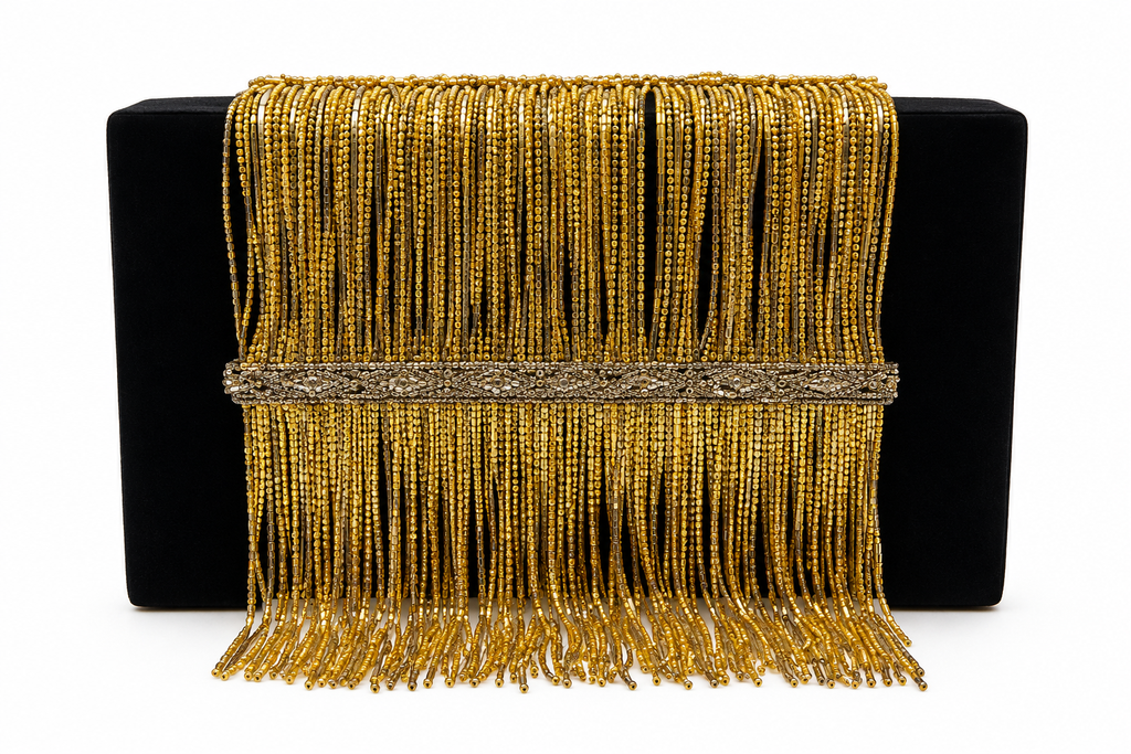 Black Silk Box Clutch with Gold Chain Fringe