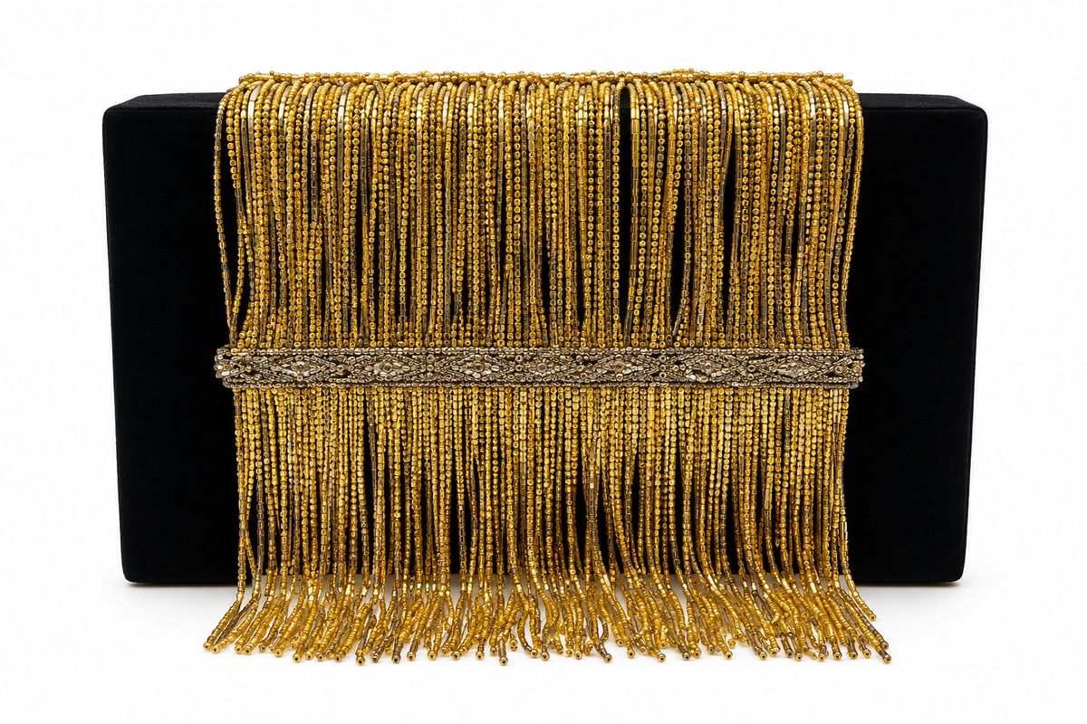 Black Silk Box Clutch with Gold Chain Fringe