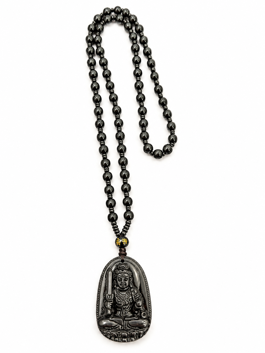 Black Agate Carved Warrior Pendant Necklace - Vintage