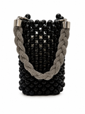 Black Beaded Bucket Bag with Braided Rhinestone Handle