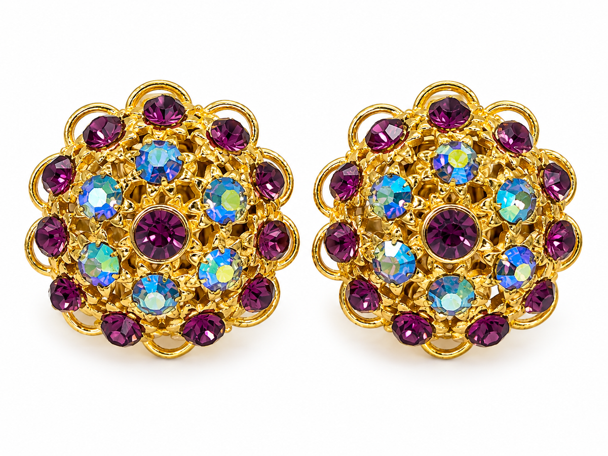 Multicolor Rhinestone Cluster Clip-On Earrings - Vintage
