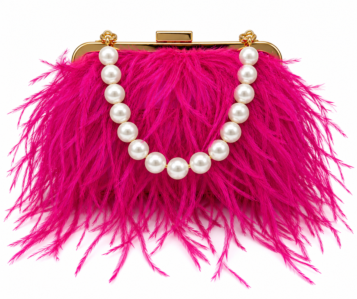 Hot Pink Feather Evening Bag with Pearl Handle