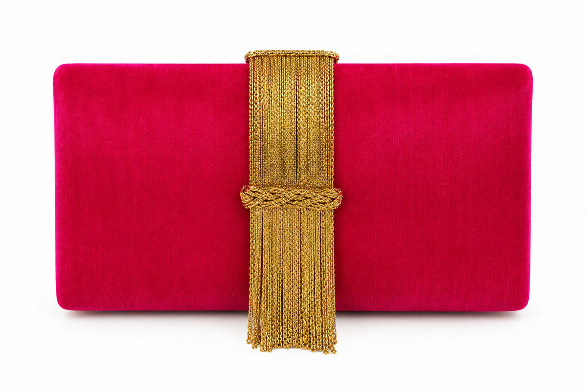 Fuchsia Pink Silk Clutch with Gold Chain Fringe