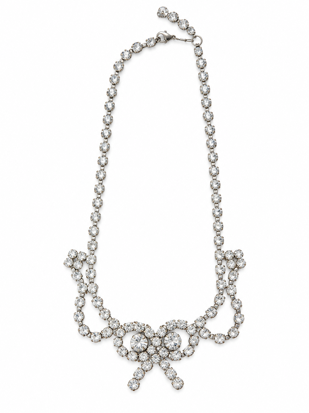Silver-Tone Rhinestone Bow Necklace - Vintage