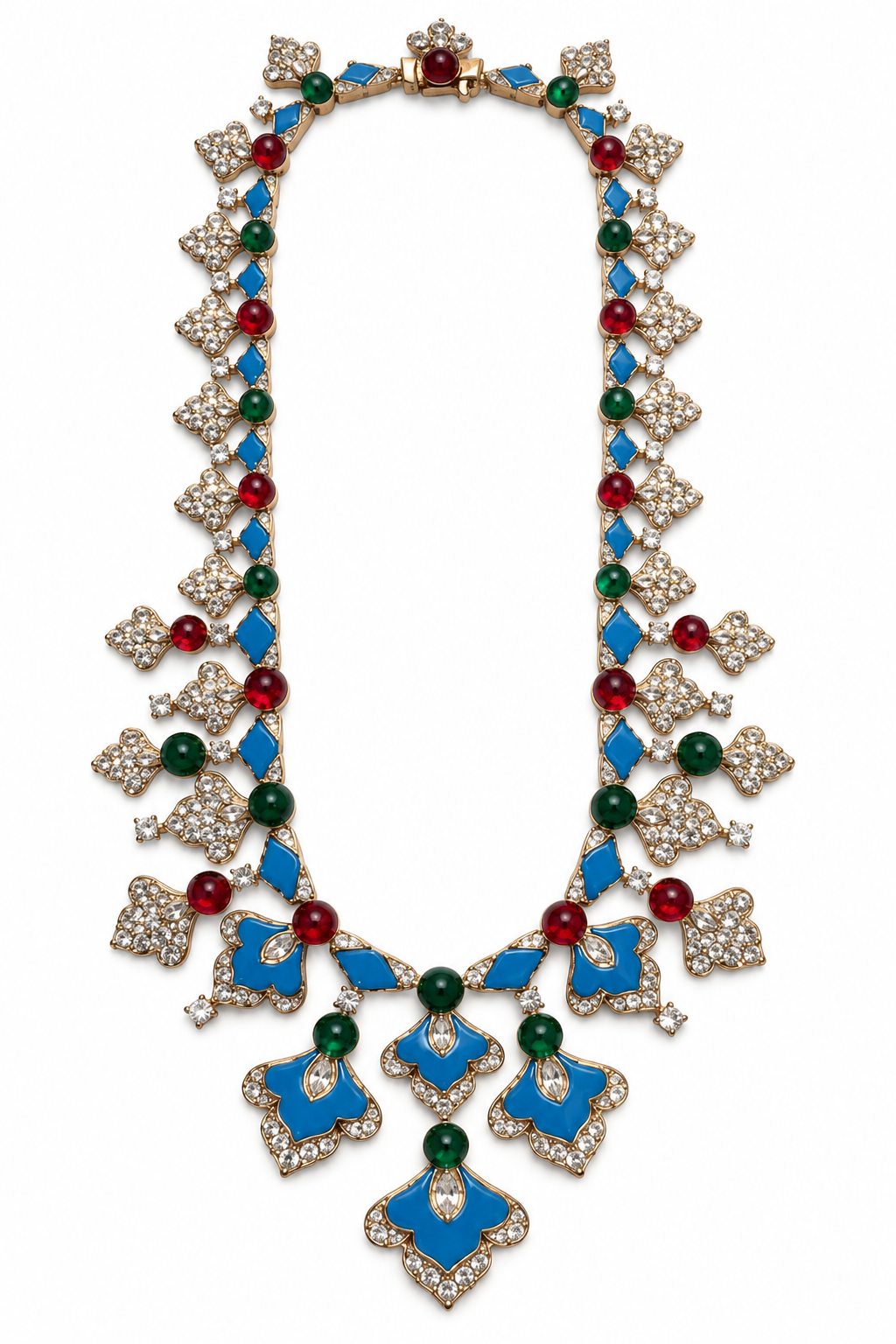 Statement Necklace With Turquoise Enamel, CZ & Ruby Stones