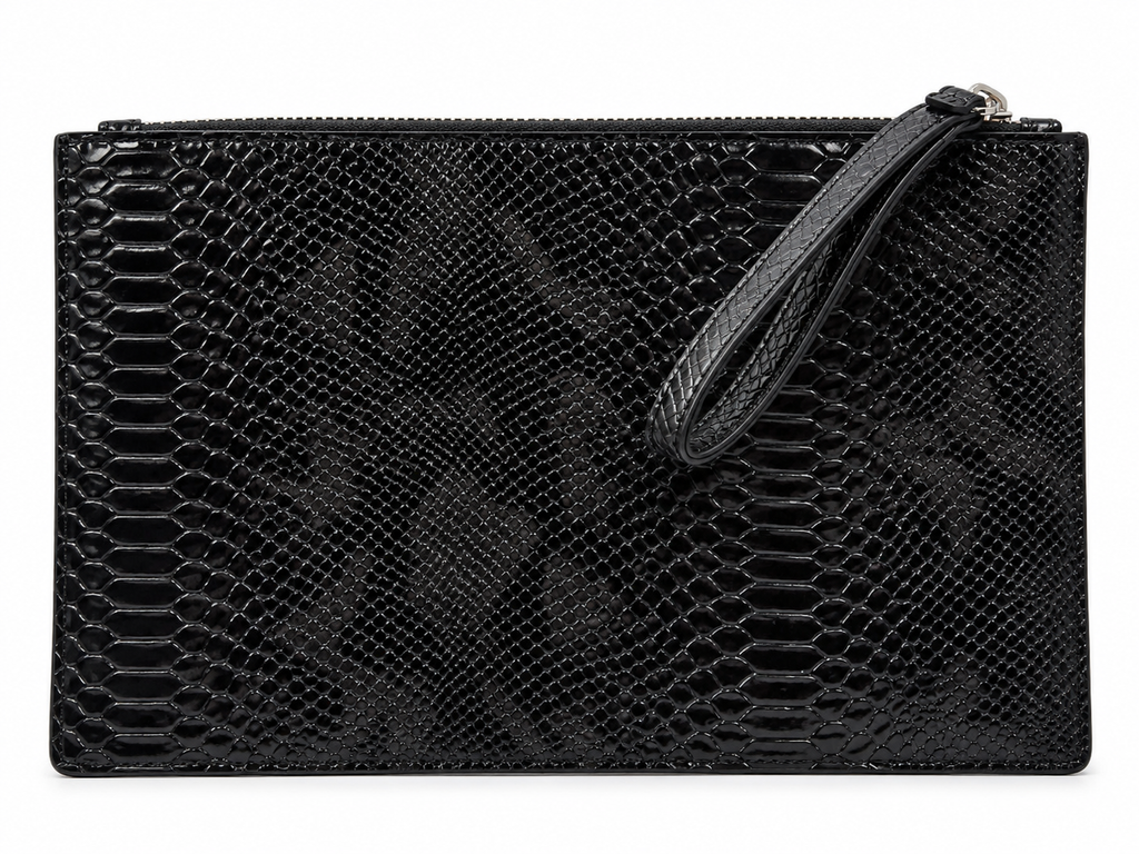 Black Faux Python Embossed Wristlet