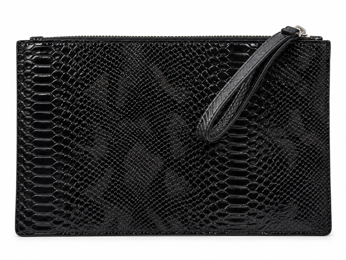 Black Faux Python Embossed Wristlet