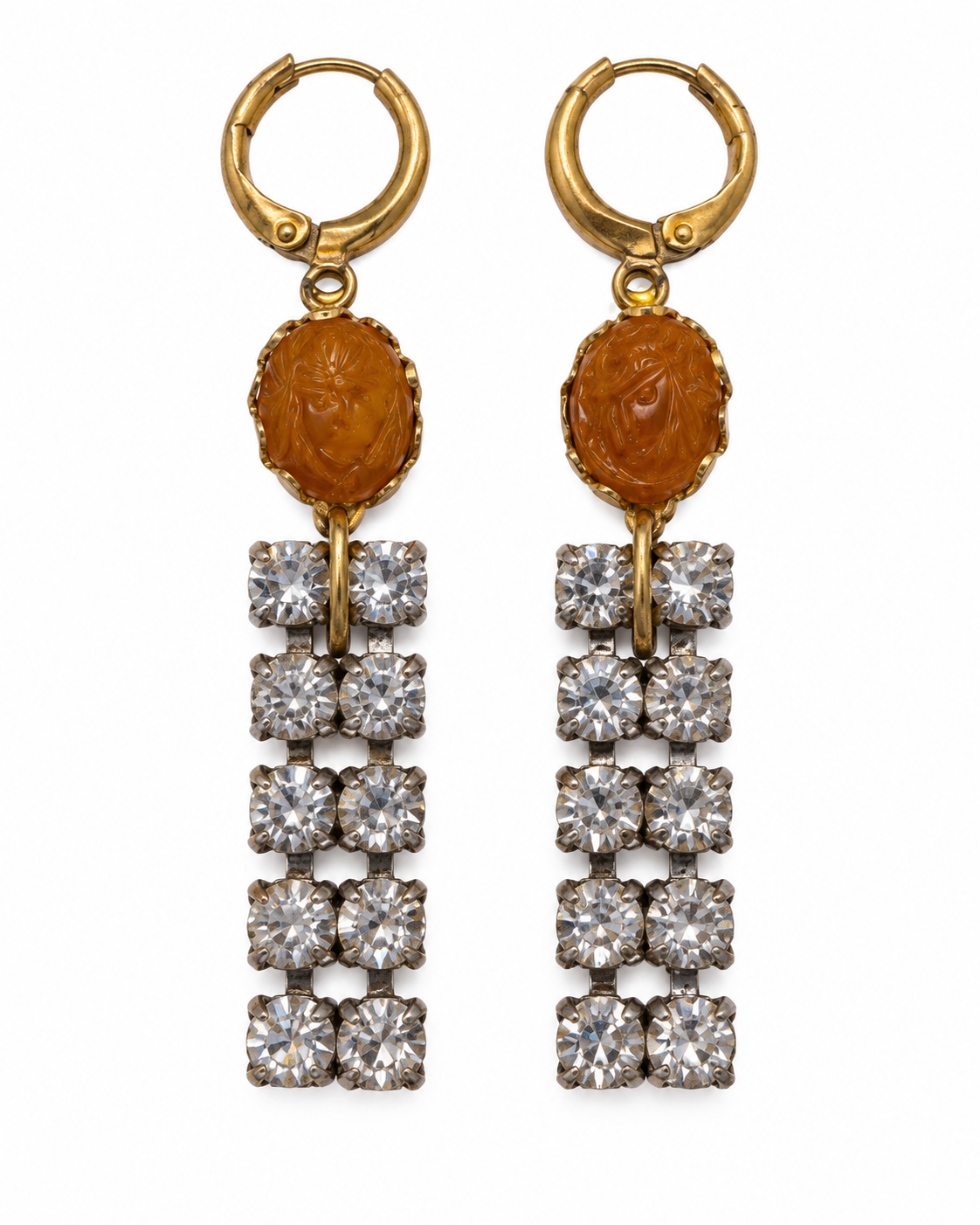 Amber Scarab & Rhinestone Drop Earrings - Vintage Reworked