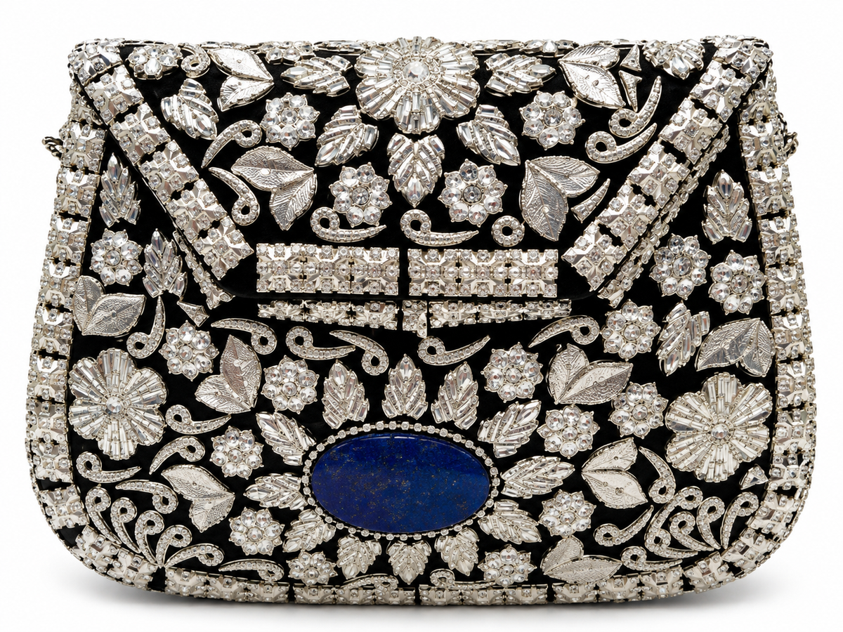 Silver Floral Appliqué Mini Bag with Blue Stone
