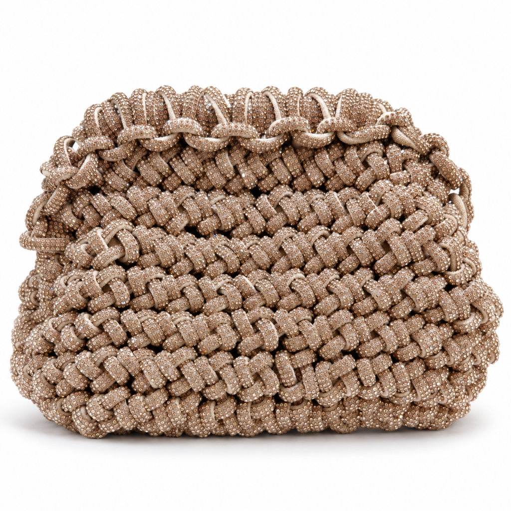 Champagne Woven Rhinestone Cord Clutch