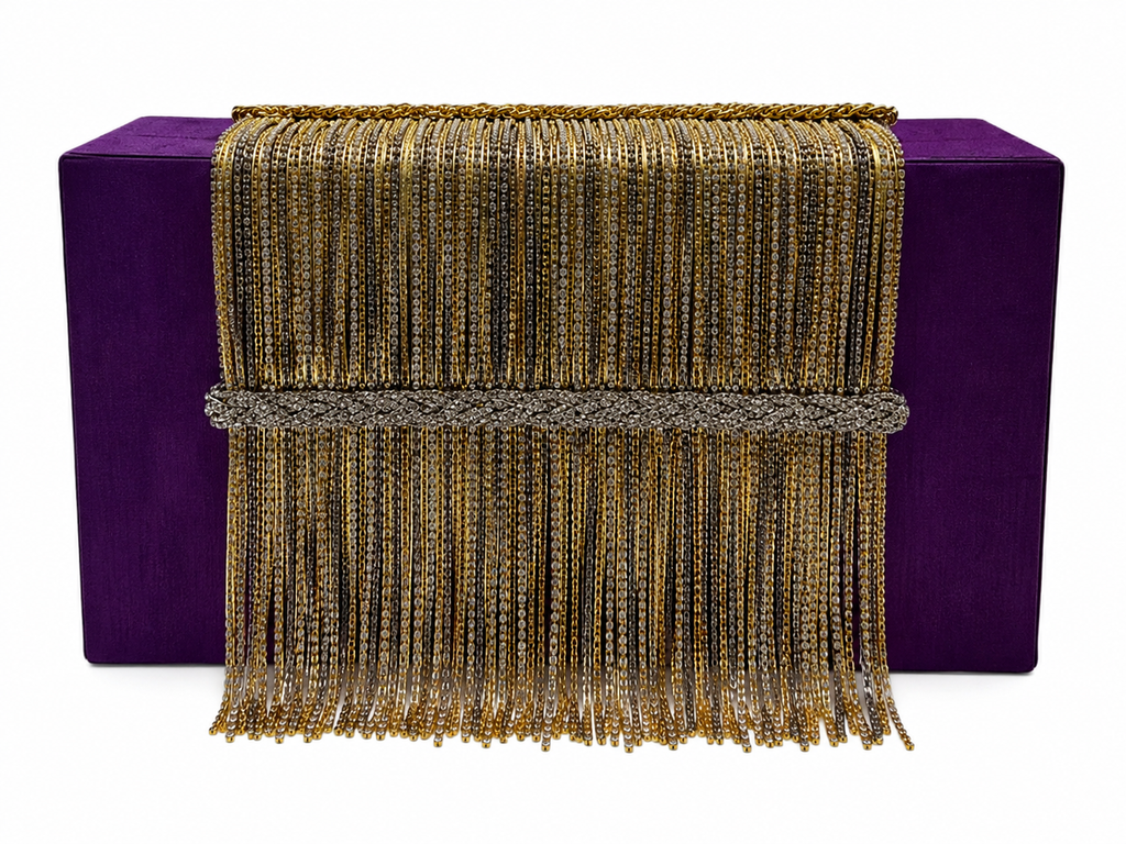 Simitri Purple Velvet & Gold Chain Fringe Clutch