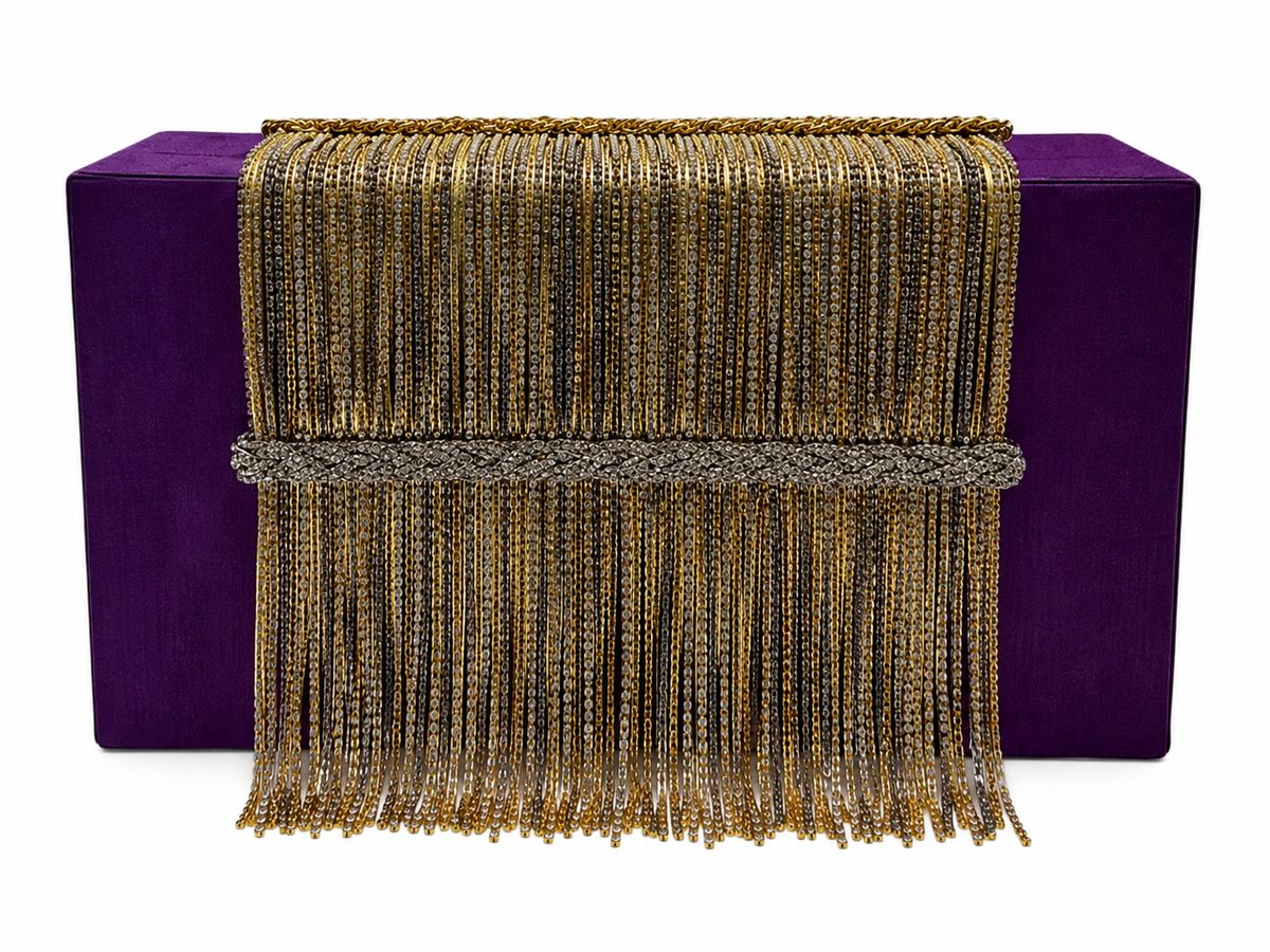 Simitri Purple Velvet & Gold Chain Fringe Clutch