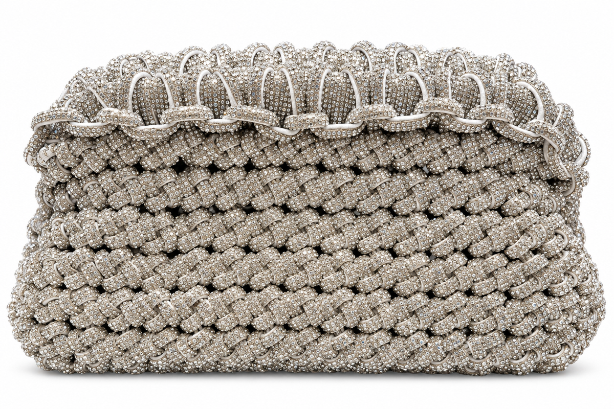 Handwoven Silver Rhinestone Cord Clutch