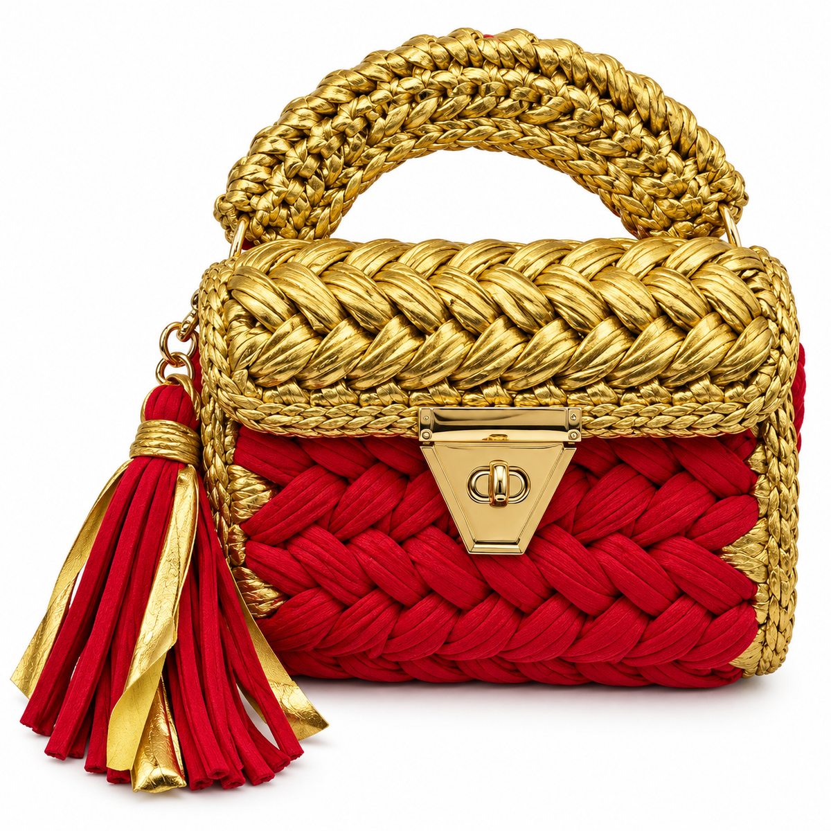 Red & Gold Braided Mini Handbag with Tassel