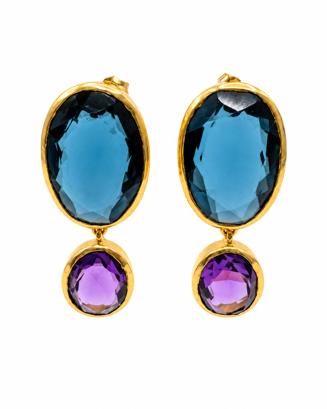 Blue Iolite & Amethyst Double Drop Earrings