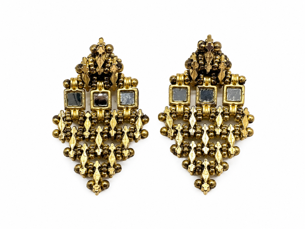 Antiqued Gold Mirror & Beaded Chandelier Earrings