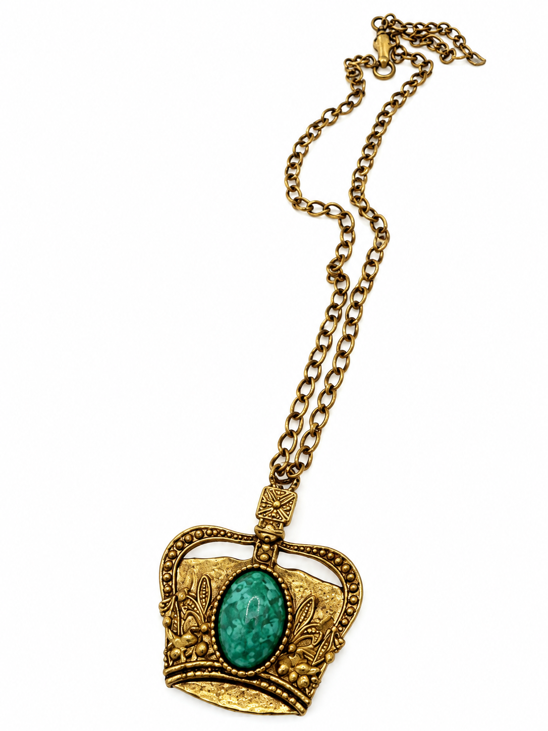 Gold Crown & Green Stone Pendant Necklace - Vintage