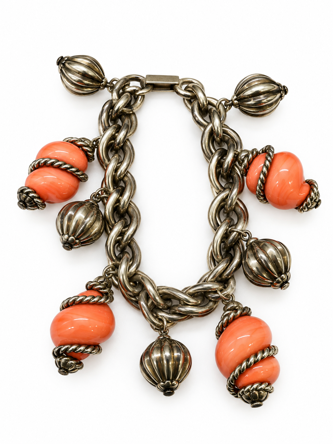 Napier Coral-Color Bead & Shell Charm Bracelet - Vintage