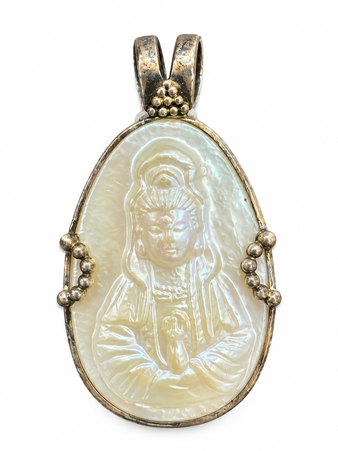 Carved Abalone & Sterling Silver Buddha Pendant - Vintage